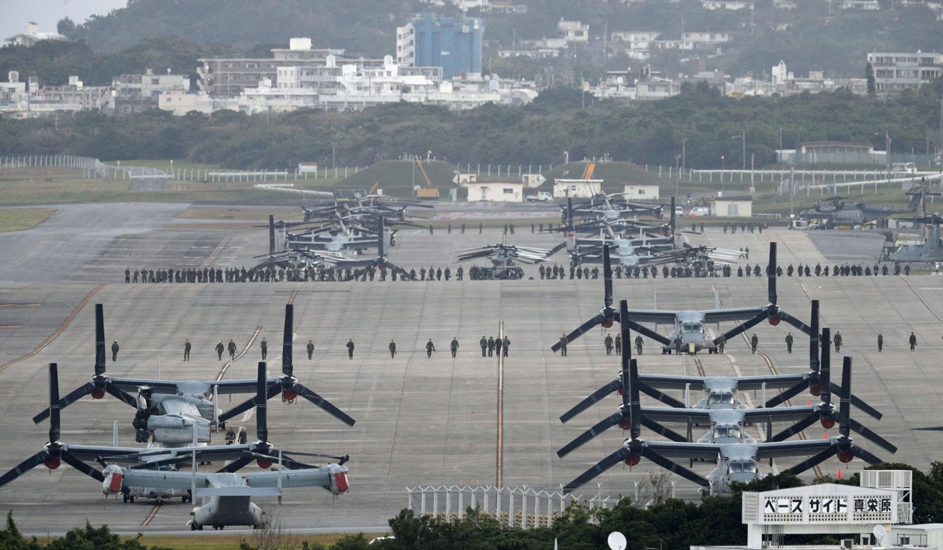 Osprey aircraft on the tarmac at the US Marine Corps Air Station Futenma. File photo: Kyodo