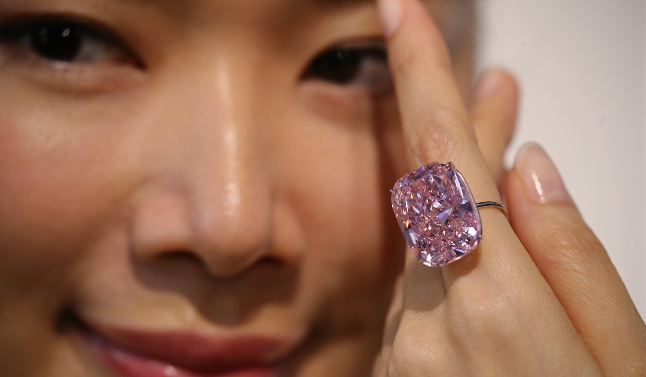 Model shows ‘The Raj Pink’, The World's Largest Known Fncy Tintnse Pink Diamond, 37.30 carats in Hong Kong Media Preview of Sotheby’s Geneva Magnificent Jewels and Noble Jewels Sale at Sotheby’s Hong Kong Gallery in Admiralty. Photo: SCMP / Dickson Lee