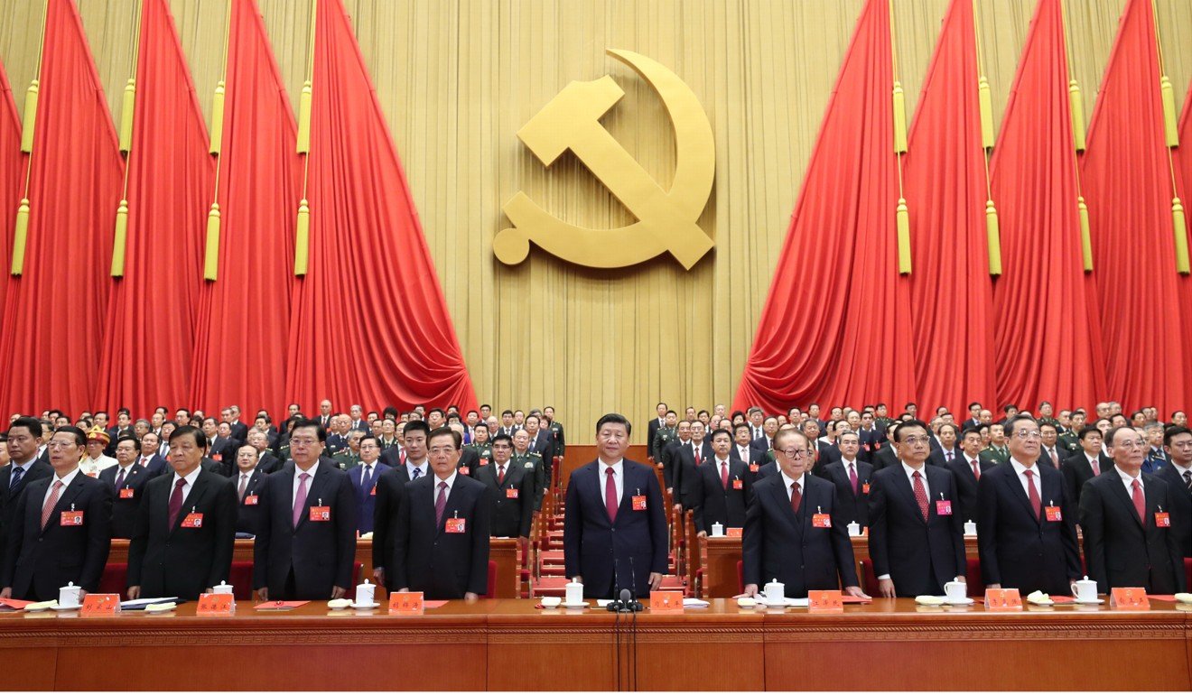 Chinese Communist Party leaders led by President Xi Jinping (centre) attend the closing session of the 19th party congress on October 24 in Beijing. A change of Zhongnanhai leadership will take place in three months, with a large number of senior officials expected to retire. Photo: Xinhua