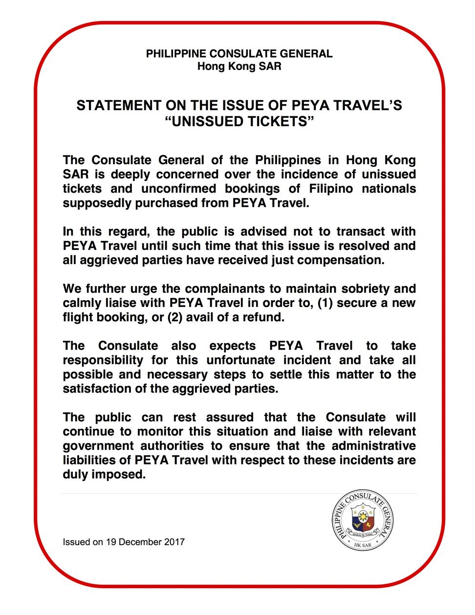 A statement from Philippine Consulate General on the issue of Peya Travel's unissued tickets. Photo: HANDOUT