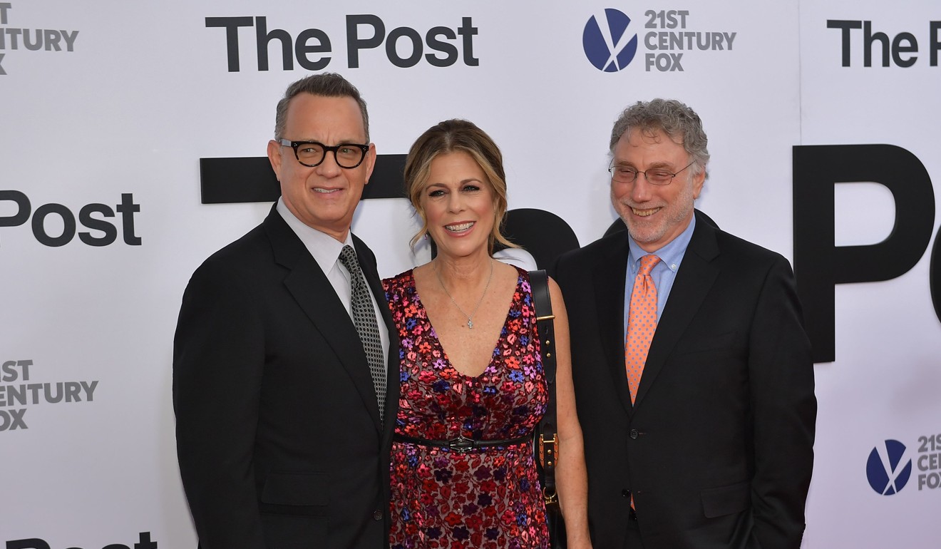 Tom Hanks, his wife, actress Rita Wilson, and Washington Post editor Marty Baron at the premiere of The Post. Photo: AFP