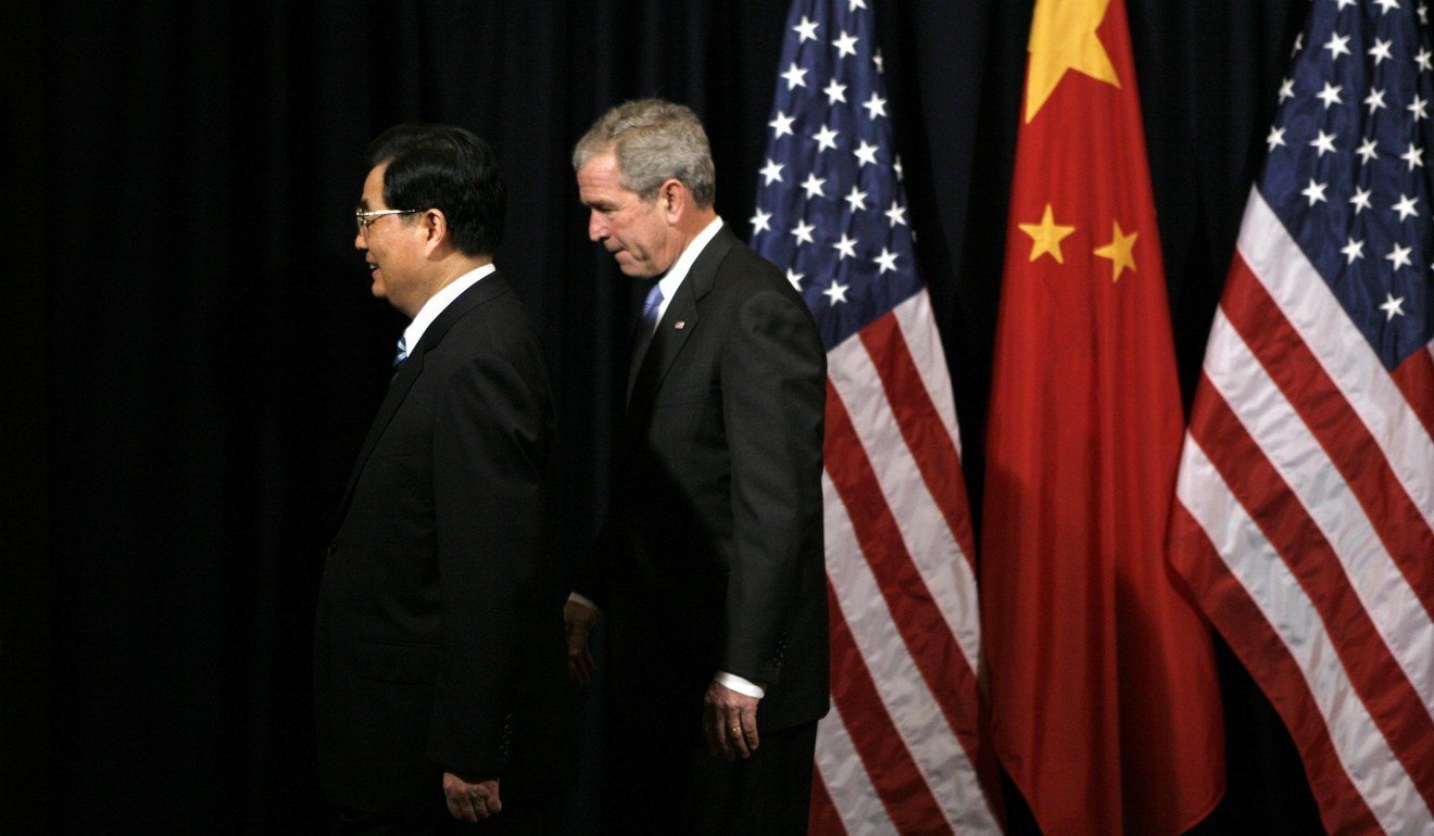 US president George W. Bush (right) and president Hu Jintao at the Asia-Pacific Economic Cooperation summit in Lima, Peru, in November 2008. Photo: Reuters