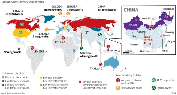 China has the world’s largest concentration of cryptocurrency mines. Graphic: SCMP