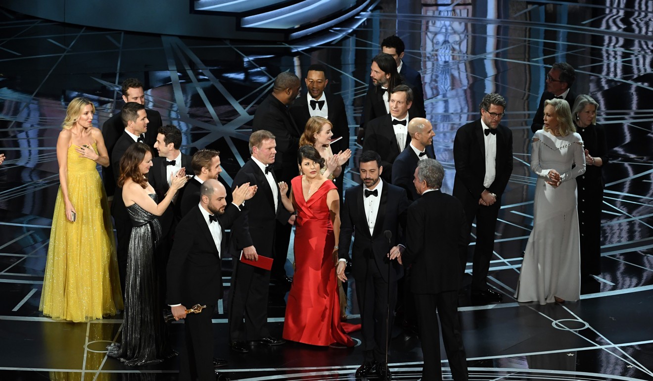 Confusion reigns onstage as it emerges that La La Land is not the winner at last year's Oscars. Photo: AFP
