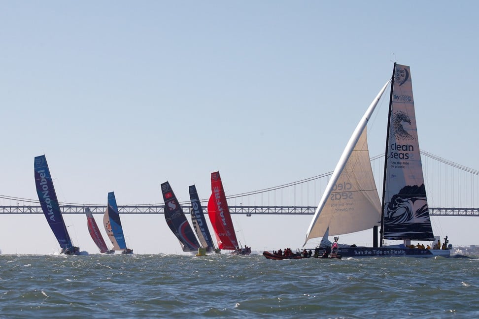 The Volvo Ocean Race fleet in action in Lisbon, Portugal. Photo: Reuters