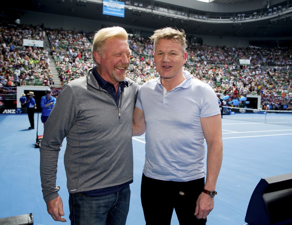 Boris Becker talks with celebrity chef Gordon Ramsay on Rod Laver Arena Gordon at the Australian Open. Photo: AP