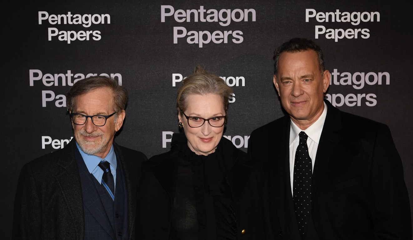 Spielberg, Streep and Hanks at The Post premiere in Paris. Photo: AFP