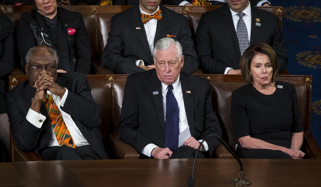 (From left) Democrats Representative James Clyburn, US House Minority Whip Steny Hoyer, and House Minority Leader Nancy Pelosi look less than pleased with US President Donald Trump’s speech. The country is divided by conflicting ideas of what America is and what it should be fighting for. Photo: Bloomberg