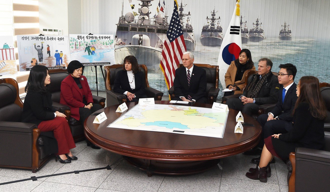 Mike Pence and his wife Karen meet a group of North Korean defectors in Pyeongtaek, South Korea. Photo: EPA