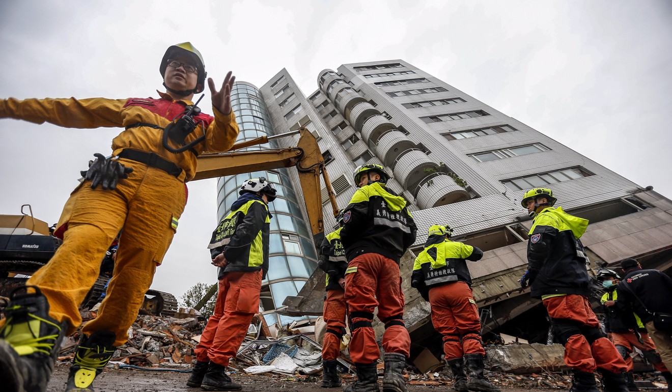 The Yun Men Tsui Ti building, which housed the Beauty Stay hotel on its lower floors, teetered at a 45-degree angle in the aftermath of the quake, its lower floors wedged into the ground. Photo: EPA-EFE