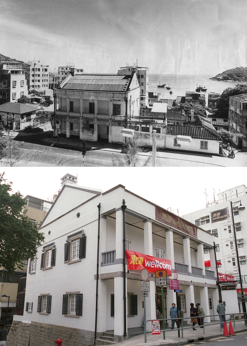 The old Stanley Police Station (top) in 1977 and its current guise as a Wellcome supermarket. Photo: SCMP