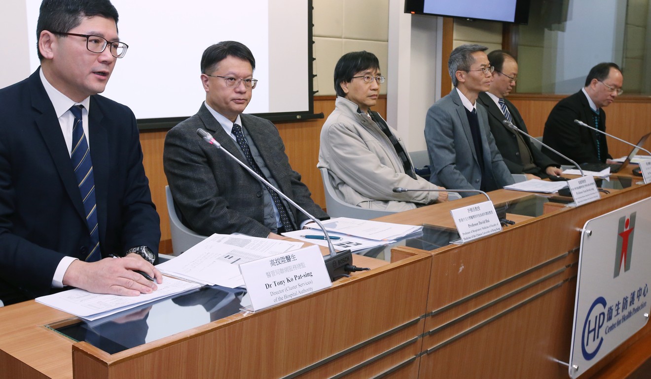 (From left) Director (cluster services) of the Hospital Authority, Dr Tony Ko Pat-sing; Professor David Hui from Chinese University; Professor Yuen Kwok-yung from the University of Hong Kong; Dr Wong Ka-hing from the Department of Health; and Lee Kam-kwong, principal assistant secretary (school development) of the Education Bureau. Photo: David Wong