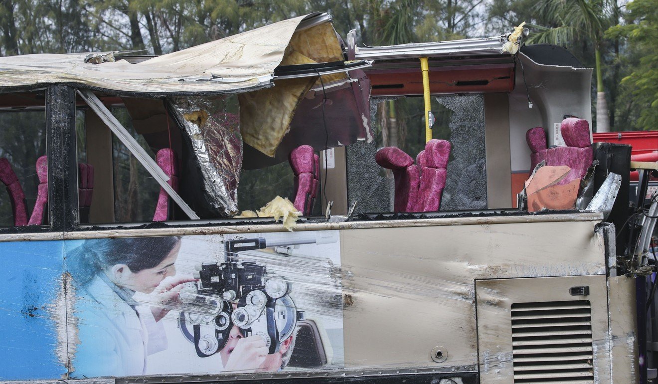 The wrecked KMB bus is held at the Police Vehicle Examination Centre in Tai Lam Chung in Tai Po. Photo: David Wong