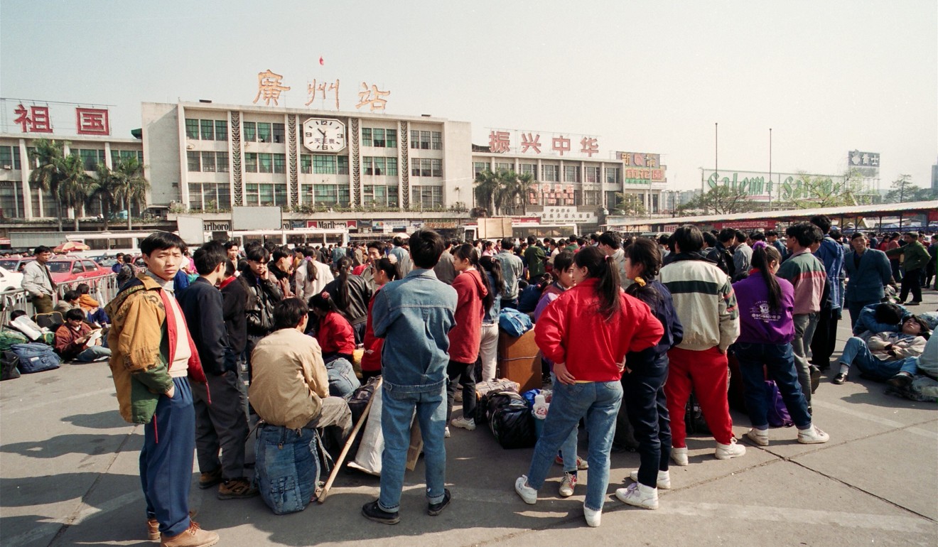 Migrant workers outside Guangzhou Railway Station in February 1996. Photo: SCMP Pictures
