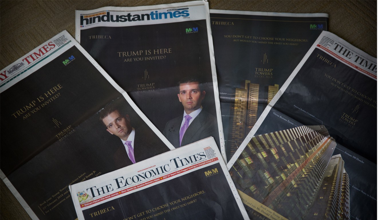 Glossy advertisements promoting Donald Trump Jnr’s visit included the tagline “Trump is here. Are you invited?” Photo: AP