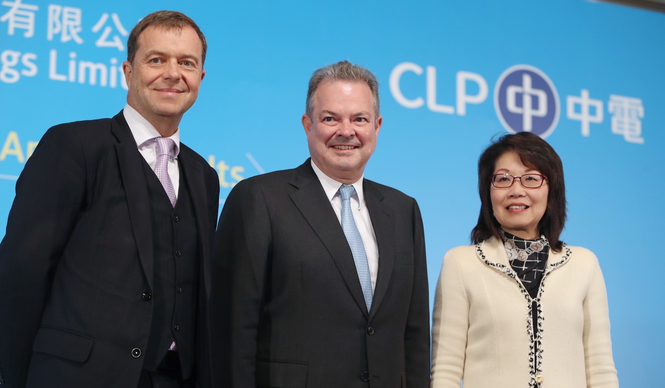 From left, Geert Peeters, the executive director and chief financial officer of CLP Holdings Limited; Richard Lancaster, chief executive of the company; and Betty Yuen So Siu-mai, group director and vice chair, at the announcement of the electricity supplier’s final results in Tsim Sha Tsui on Monday. Photo: Winson Wong
