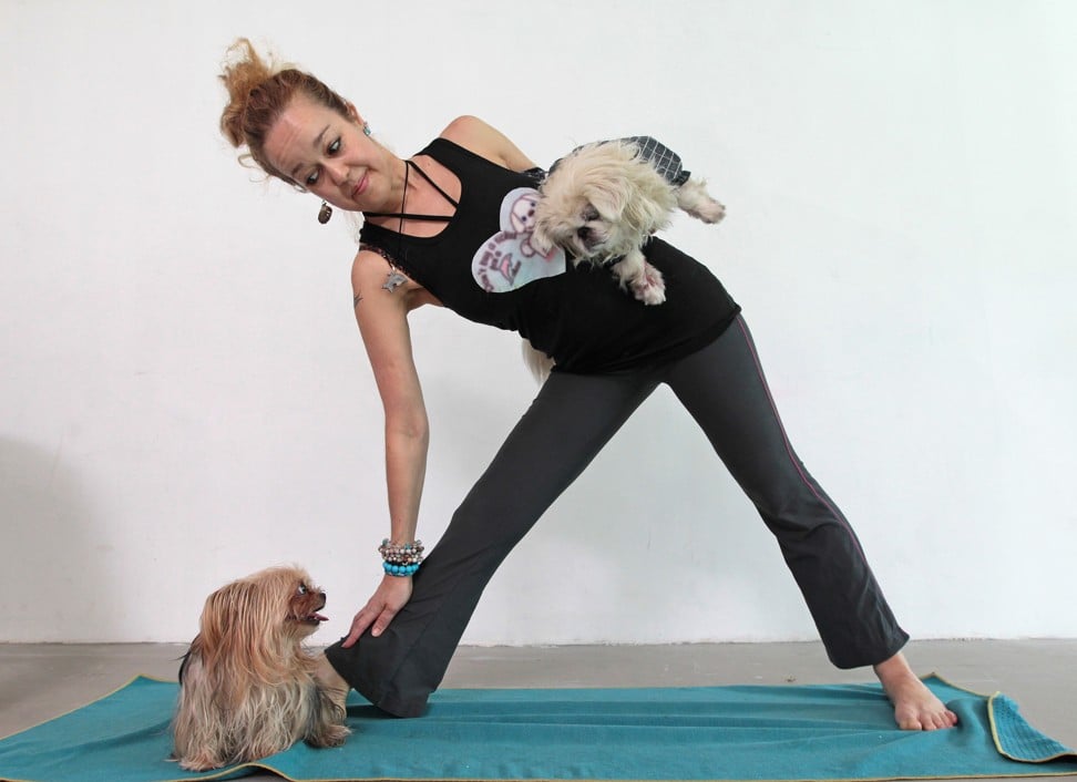 Doga instructor Suzette Auckermann performs yoga with dogs in Sai Ying Pun. Photo: SCMP