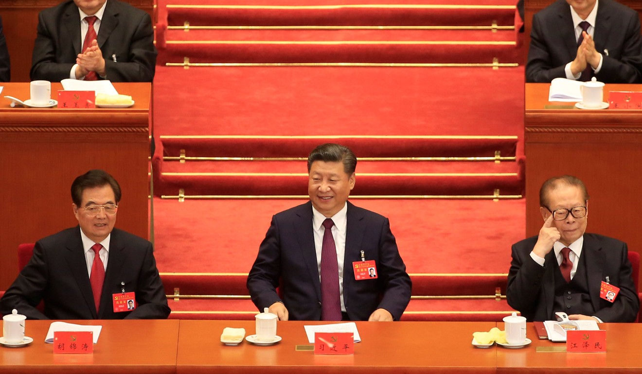 Former president Hu Jintao (left), President Xi Jinping (centre) and former president Jiang Zemin at the opening of the Communist Party’s national congress at the Great Hall of the People in Beijing in October. Photo: Reuters