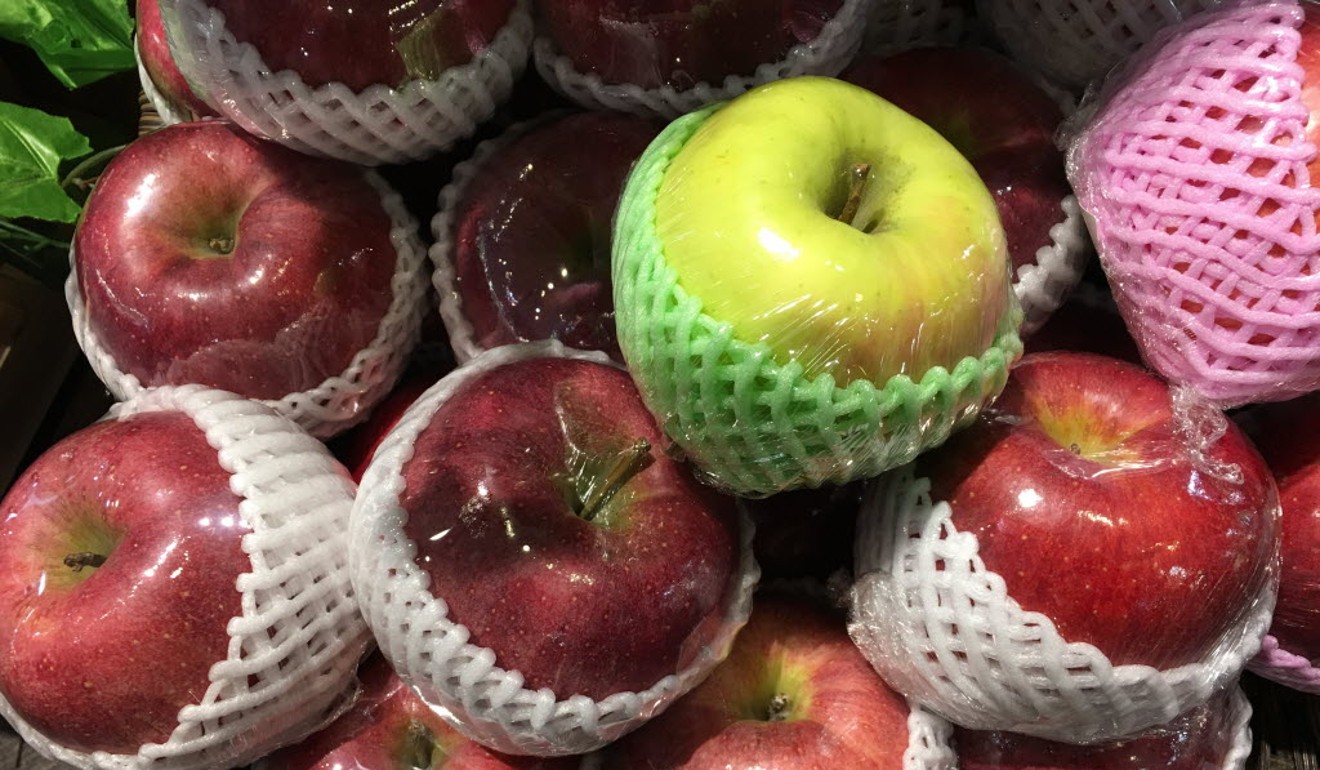 Individually wrapped apples on sale at City’super in Causeway Bay. Picture: SCMP