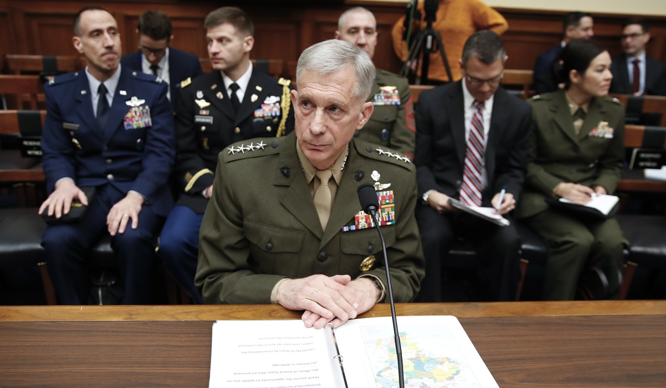 Marine General Thomas Waldhauser takes his seat before testifying at a hearing before the House Armed Services Committee on Capitol Hill in Washington on Tuesday. Photo: AP