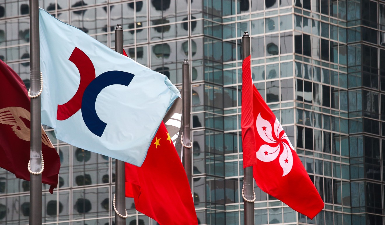 Flags flutter on masts at Exchange Square in Central Hong Kong. Photo: SCMP