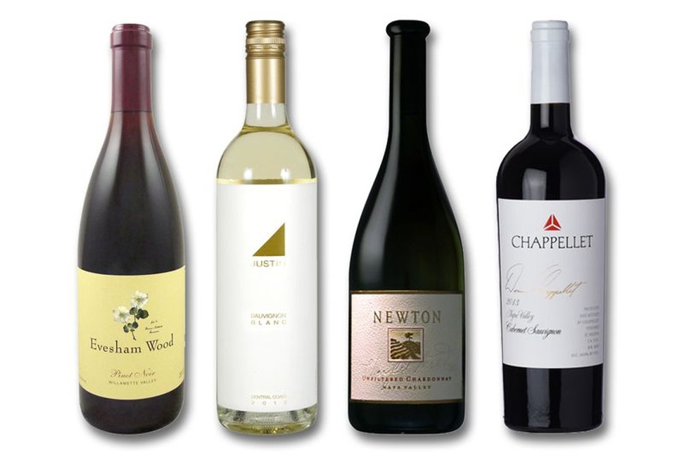(From left) Evesham Wood Pinot Noir, Justin Sauvignon Blanc, Newton Unfiltered Chardonnay, Chappellet Cabernet Sauvignon. Photo: Vendors