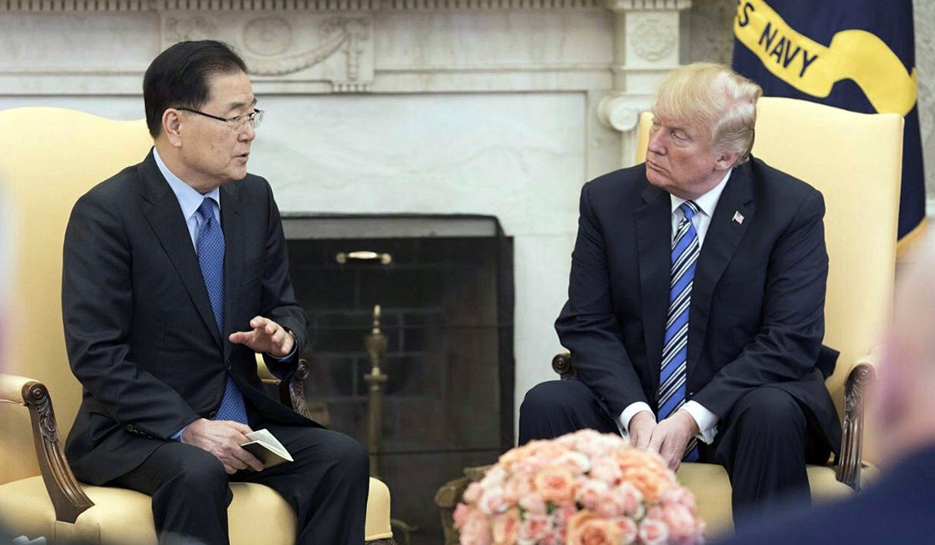 South Korean national security adviser Chung Eui-yong (left) meets US President Donald Trump at the White House in Washington on Thursday. Photo: EPA
