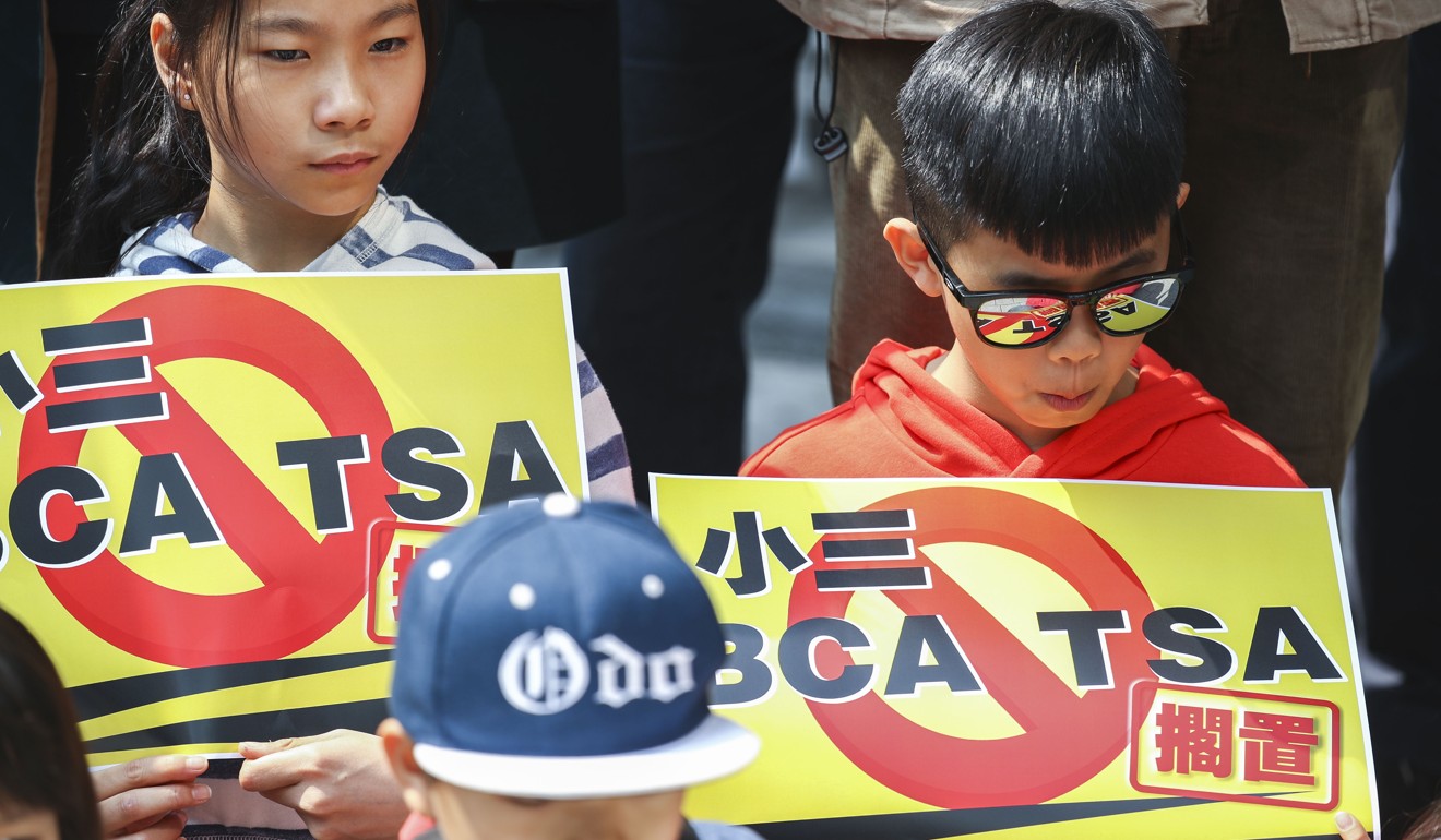 Children protest in February against the TSA exam. Photo: Nora Tam