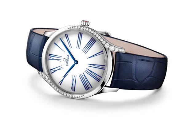 Omega’s De Ville Trésor 39mm stainless steel features a lacquered white dial and blue leather strap.