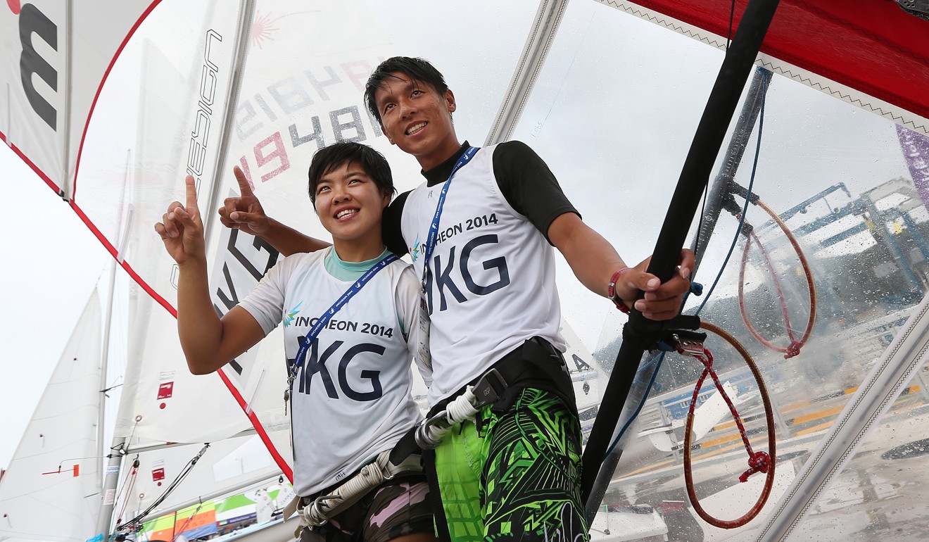 Hong Kong Windsurfers Hayley Chan Hei-man (left) and Cheng Kwok-fai were ‘number one’ at the 2014 Asian Games. Photo: Nora Tam