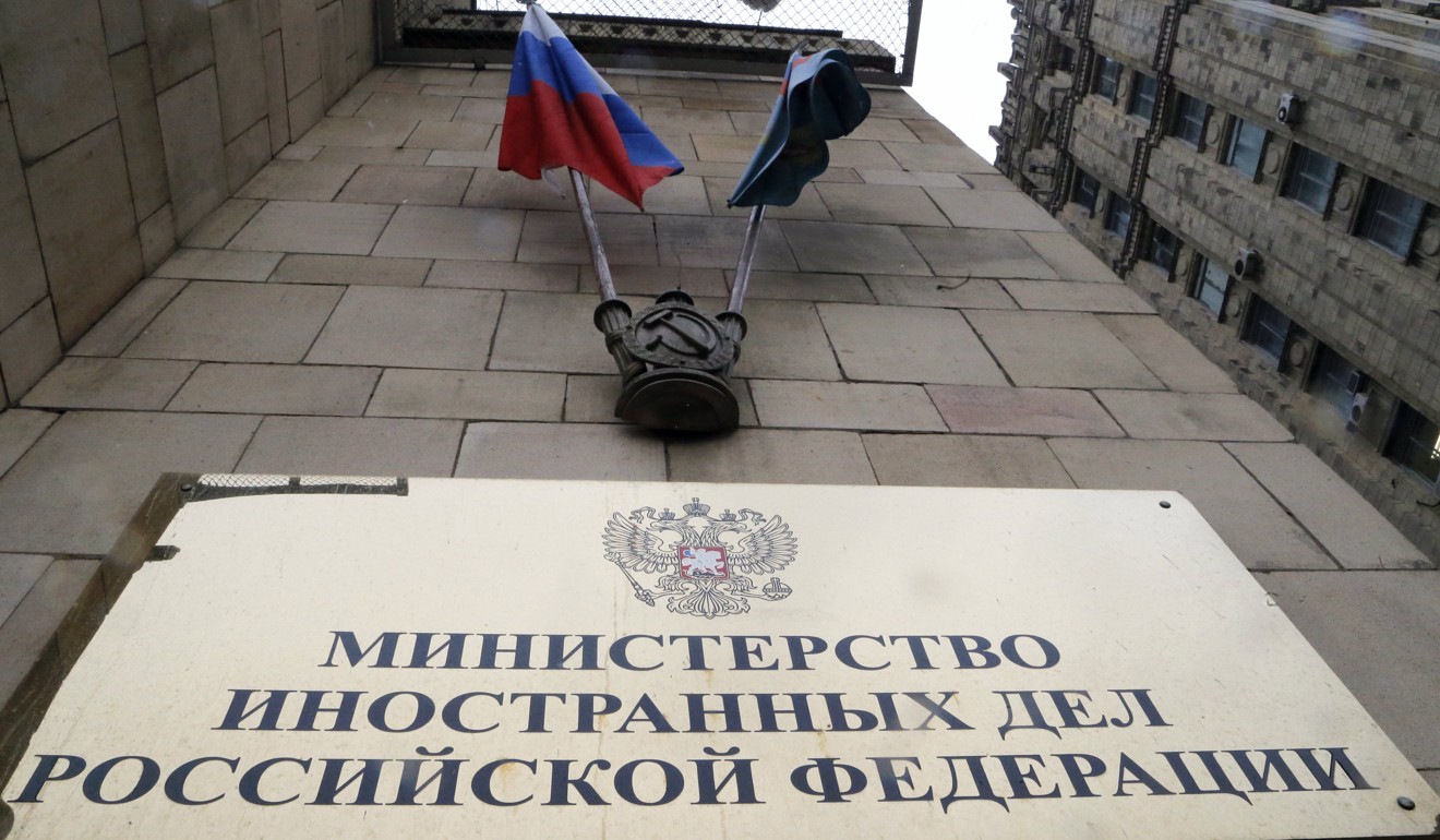 A plaque of the Russian Foreign Ministry building in Moscow on March 21, 2018, as foreign diplomats attend a Russian Foreign Ministry briefing on the poisoning of Sergei Skripal and his daughter Yulia. Photo: EPA-EFE