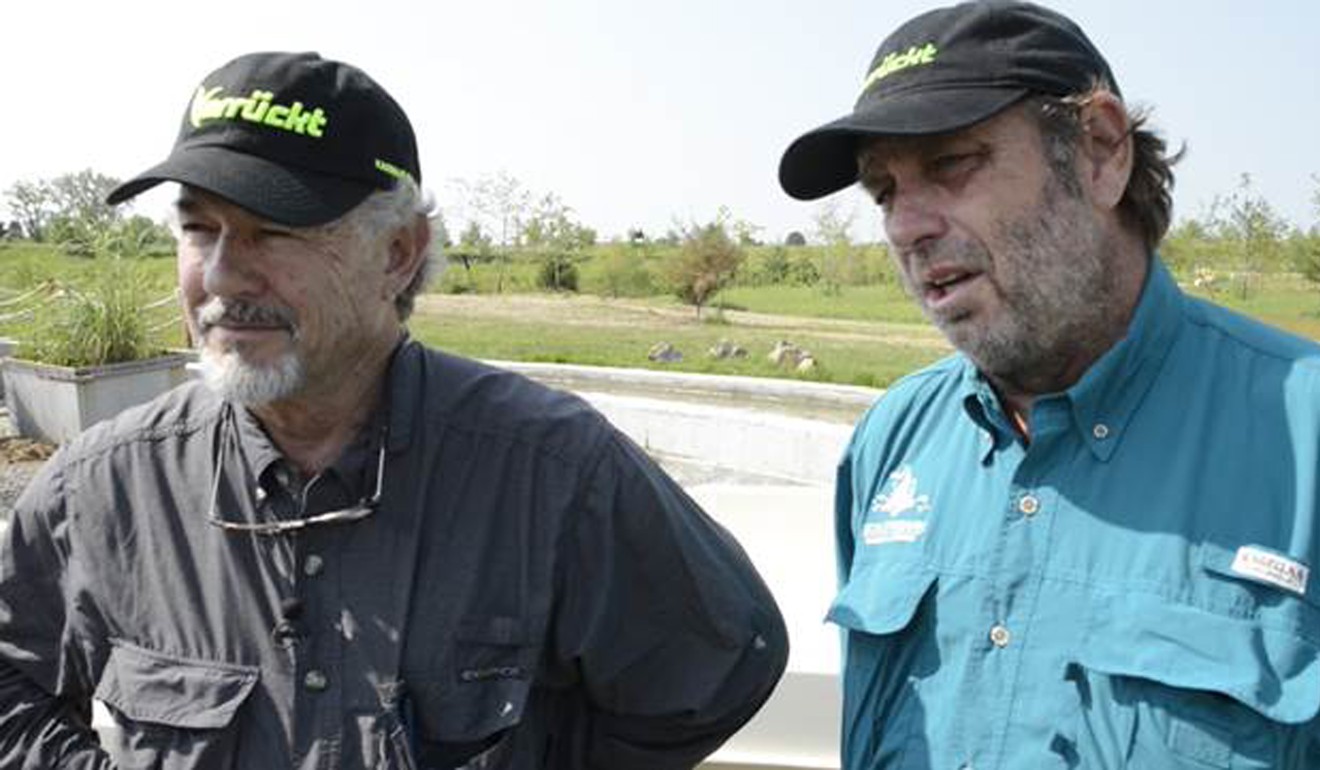 In this July 2014 image from video, the Verruckt water slide designers, John Schooley, left, and Schlitterbahn co-owner Jeffrey Henry, speak about the challenges of opening the 17-storey tall attraction prior to its operation in Kansas City, Kansas. Both have been charged with reckless second-degree murder. Photo: AP