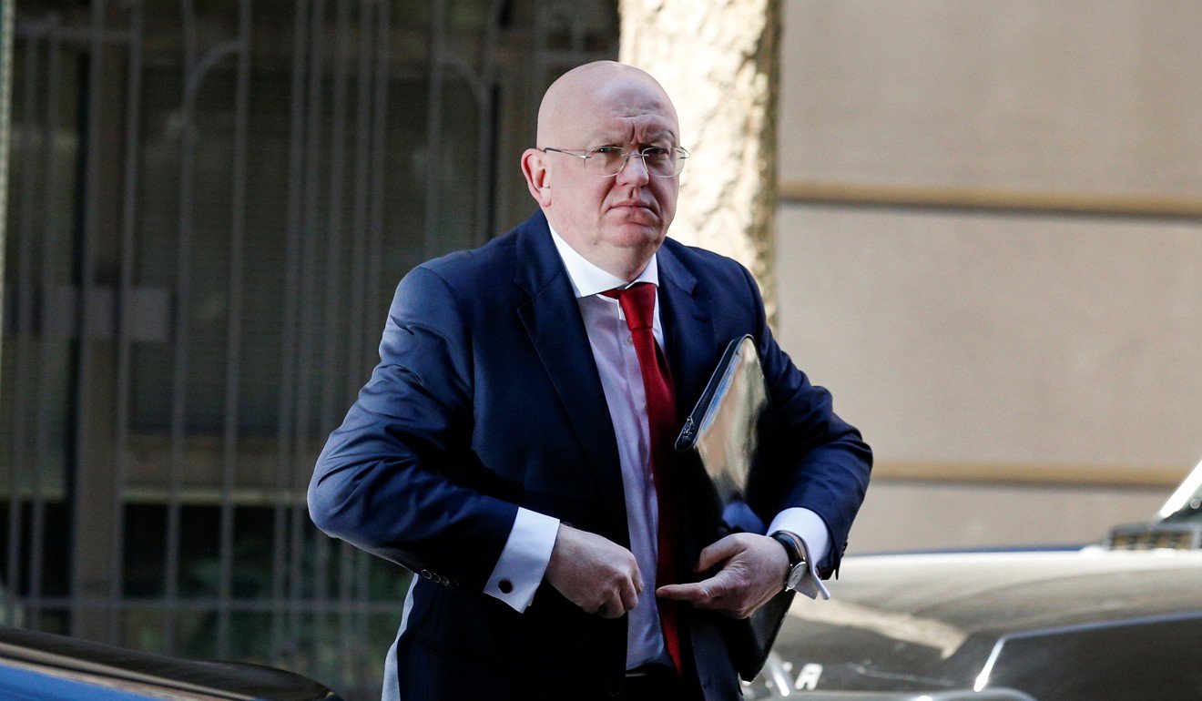 Russian Ambassador to the United Nations Vasily Nebenzya arrives for a lunch meeting in New York on Monday. Photo: Reuters