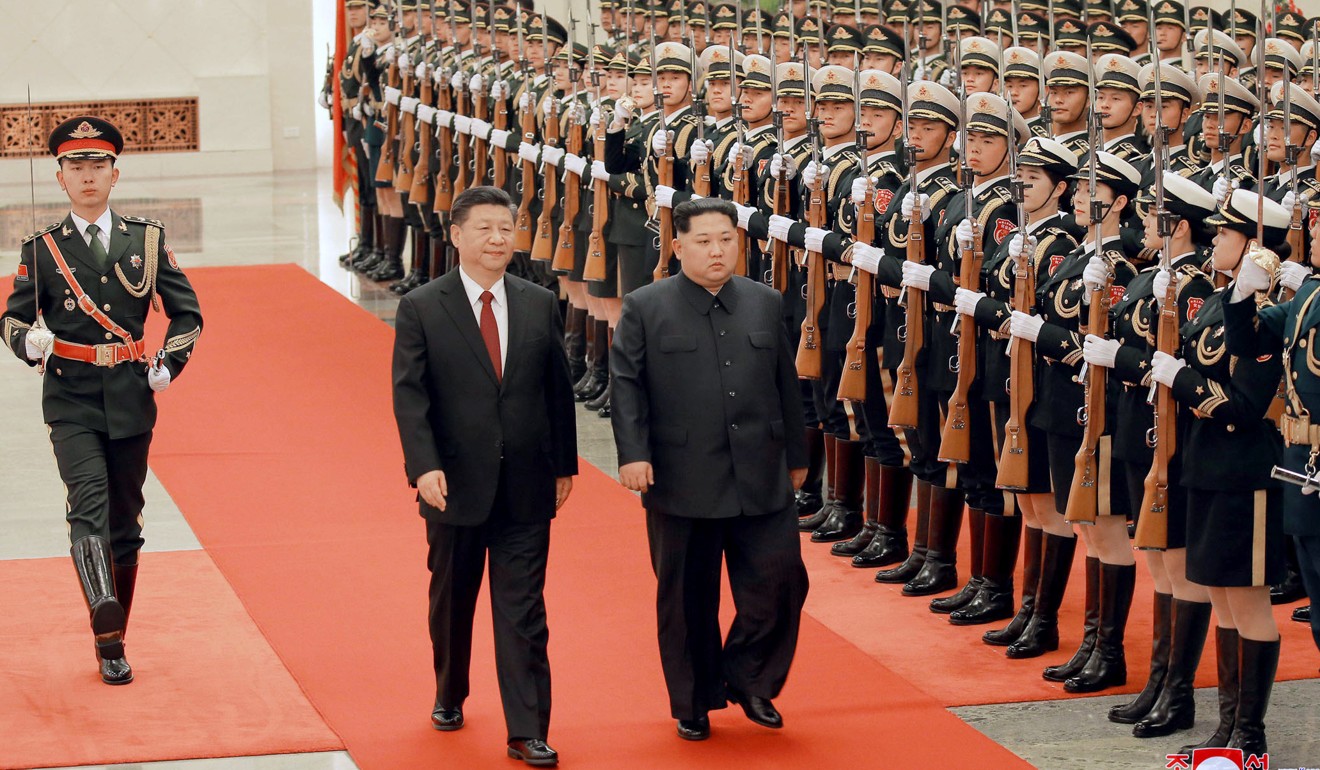 Xi and Kim inspecting the honor guard at the Great Hall of the People in Beijing during Kim’s trip to China this week. Photo: Korean Central News Agency/Korea News Service via AP
