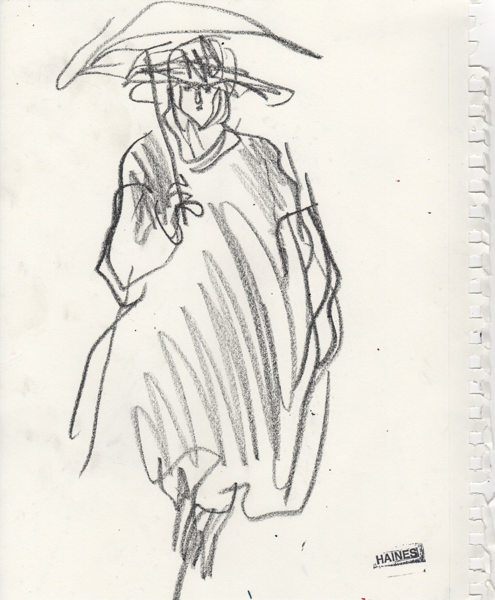 Haines illustrations of a Raf Simons show.