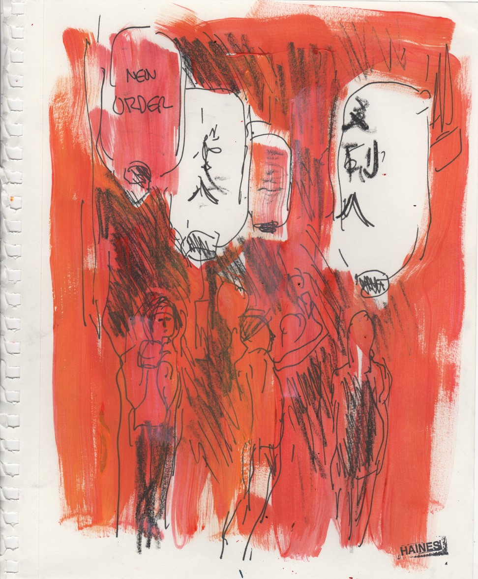 Haines illustrations of a Raf Simons show.