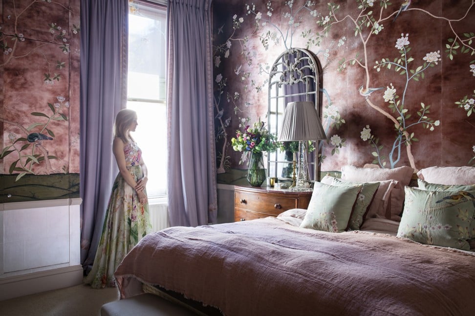 The wallpaper is called Badminton, hand-painted from de Gournay. The marble top drawer Hannah remembers her father bought in a junk shop and renovated when she was little. Her dress is from Jenny Peckham, sewn in silk from de Gournay, that also make fabric. 