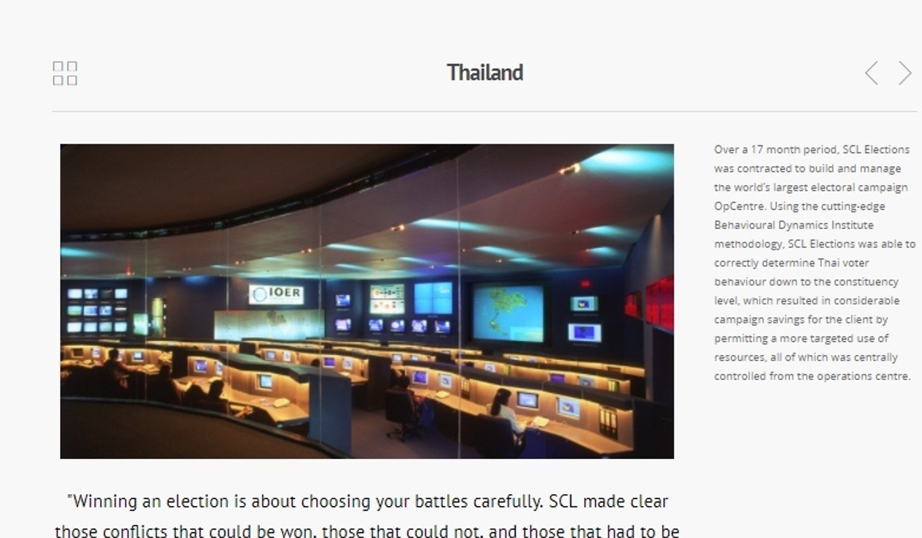 Screen capture from SCL website shows the company’s ‘OpCentre’ in Thailand, where it determined voter behaviour. Photo: Raissa Robles