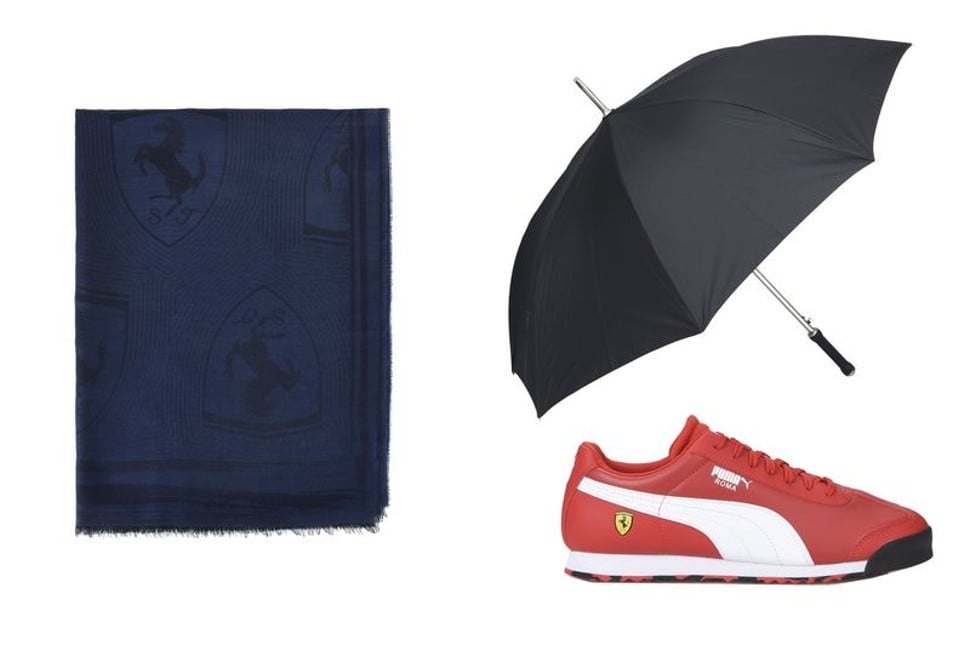 Clockwise, from left: the rectangular scarf; anti-UV umbrella, and Scuderia Ferrari shoes, all by Ferrari. Photo: Ferrari