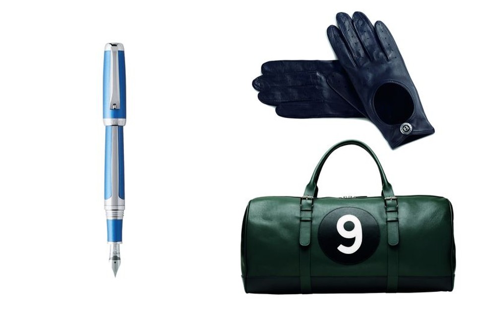 Clockwise, from left: The Tibaldi for Bentley GT Series fountain pen, Bentley adies’ driving gloves, and race bag No 9 by Bentley. Photo: Bentley