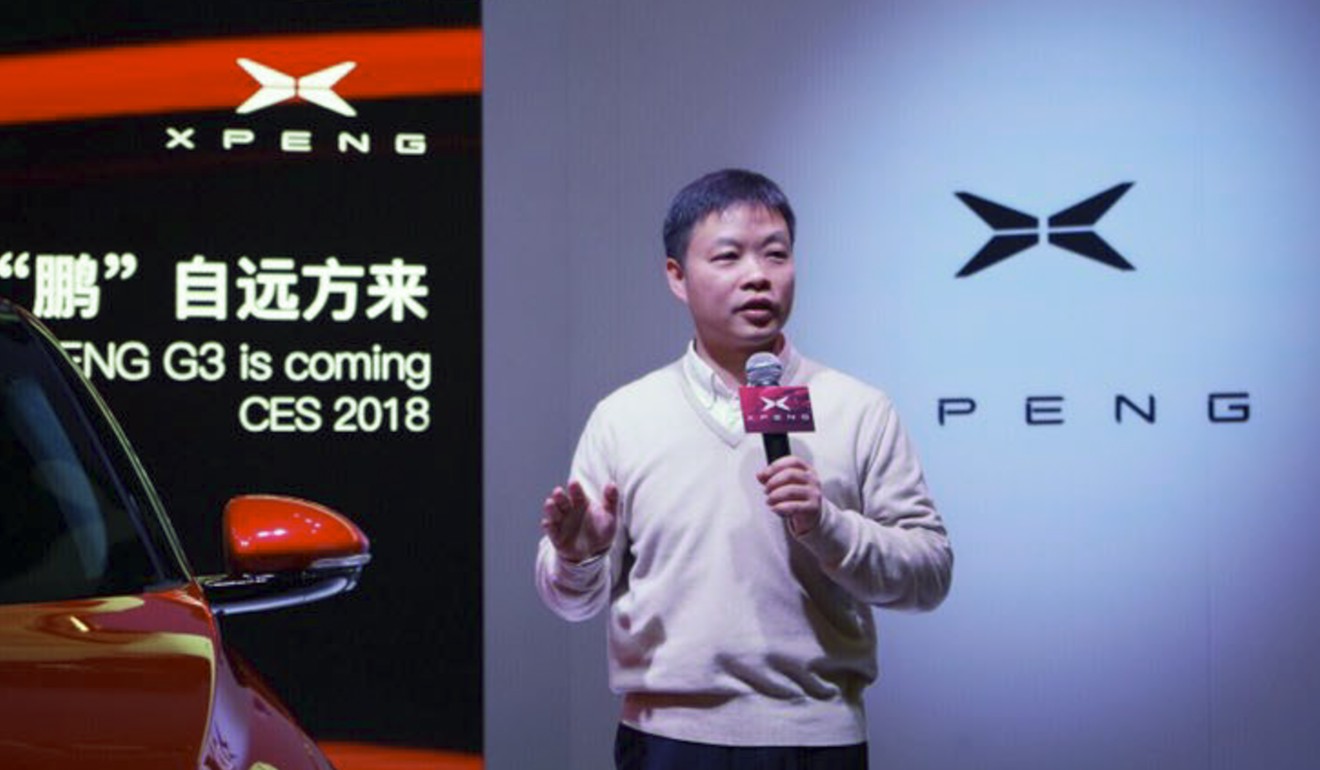 He Xiaopeng, the co-founder and chairman of Xiaopeng Motors, unveils the company's first production car at the CES trade show in Las Vegas in January. Photo: SCMP handout
