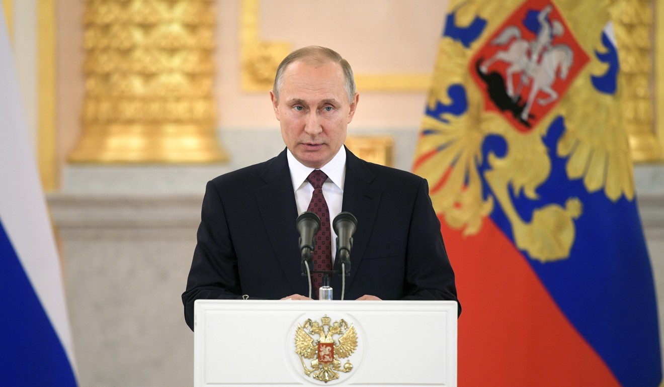 Russian President Vladimir Putin addresses newly-arrived foreign ambassadors as he received their credentials during a ceremony in the Kremlin in Moscow, Russia, on April 11, 2018. Photo: Sputnik, Kremlin Pool via AP
