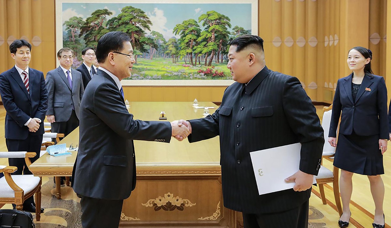 North Korean leader Kim Jong-un (right) shakes hands with the chief of the South Korean delegation Chung Eui-yong, who travelled as an envoy of the South’s President Moon Jae-in, in Pyongyang in early March. Photo: AFP/The Blue House 