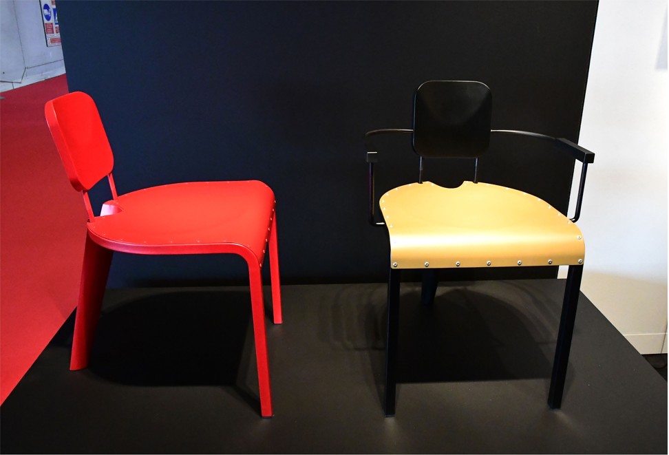 Metal chairs designed by Mark Sadler at the 57th edition of the Salone del Mobile in Milan. Photo: AFP 