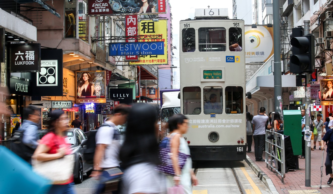 Trams in Percival Street, Causeway Bay. You can ride across Hong Kong Island for HK$2.30. Photo: David Wong