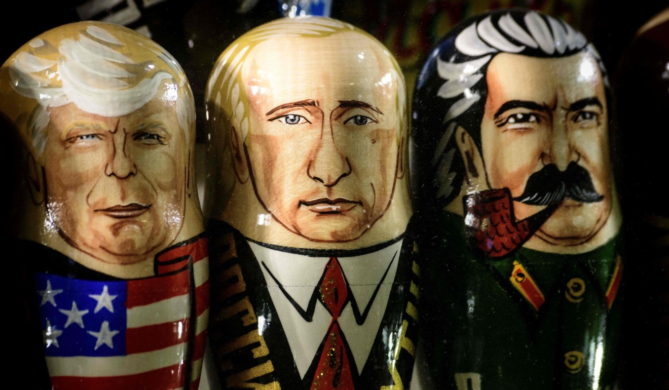 Matryoshka dolls on sale in Moscow showing Donald Trump alongside Vladimir Putin and Stalin. Photo: AFP 