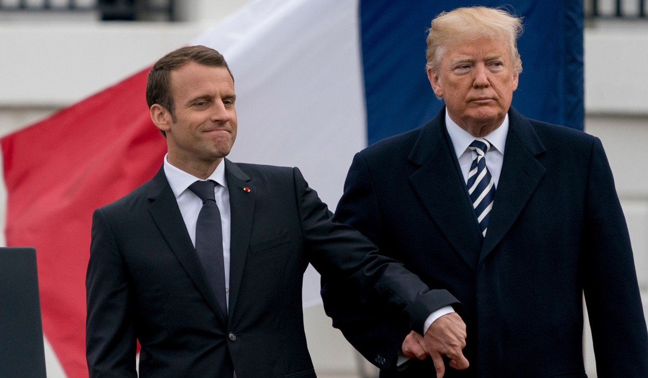 Macron with Trump upon the French leader’s arrival in the US. Photo: AP