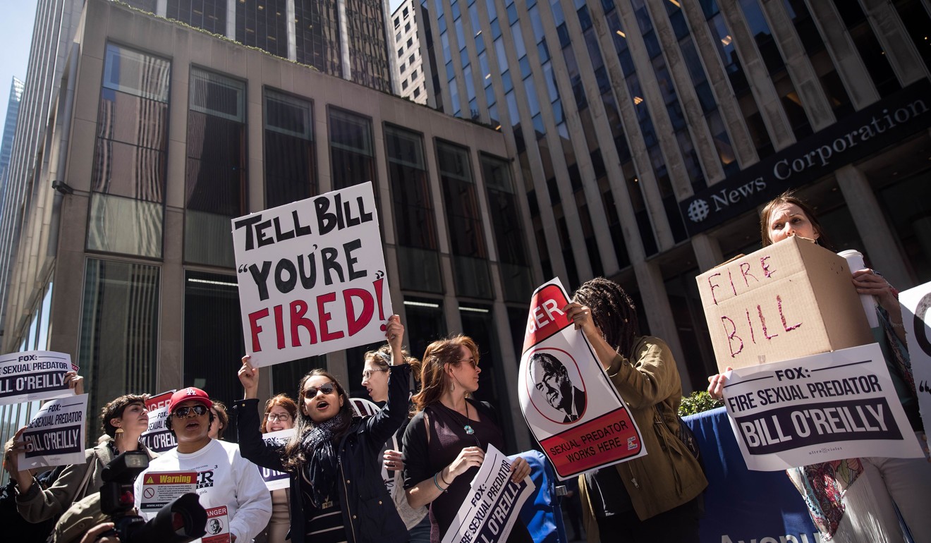 Demonstrators rally against Fox News television personality Bill O’Reilly outside of the News Corp and Fox News headquarters in New York in April 2017. O’Reilly was fired after numerous sexual harassment allegations emerged. Photo: Getty Images via AFP