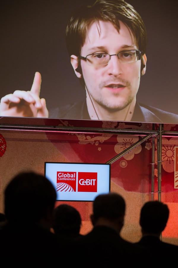 Edward Snowden, former NSA and CIA worker before turning whistle-blower, speaks via satellite at the IT fair CeBIT in Hanover, Germany, in March 2017. Photo: TNS