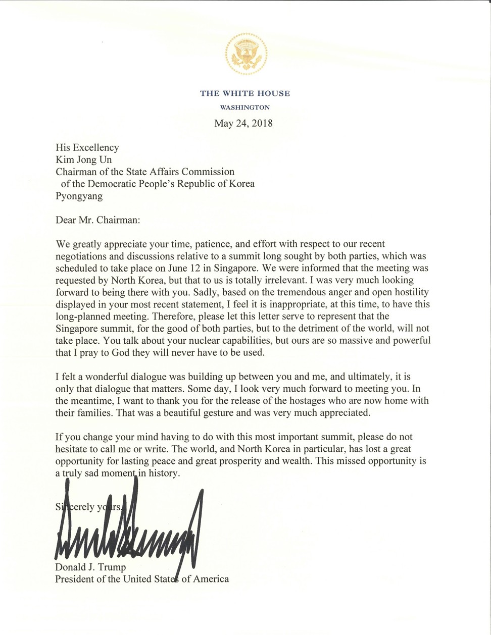 Donald Trump released this letter cancelling his meeting with Kim Jong-un, the same day Kim reportedly destroyed his nuclear weapons site. Image: The White House